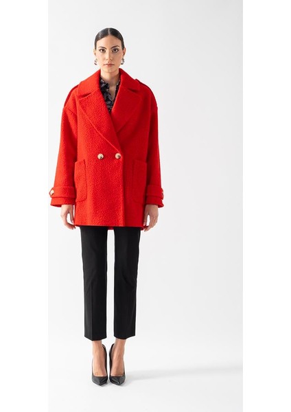 Renuccio Kruvaze Yandan Cepli Salaş Kaban Kırmızı