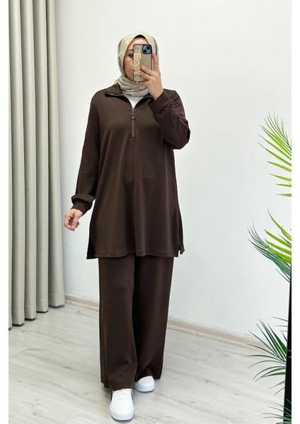 Noshe Modal Kumaş Yarım Fermuar Detaylı Dökümlü Yumuşacık Tesettür Ikili Takım