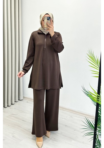 Noshe Modal Kumaş Yarım Fermuar Detaylı Dökümlü Yumuşacık Tesettür Ikili Takım fiyatları