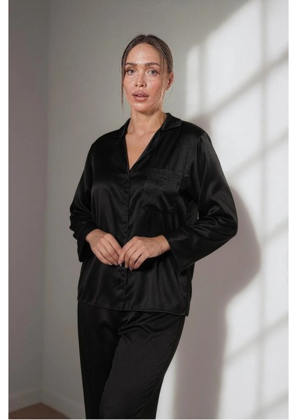 Siyah Saten Ikili Pijama Takımı
