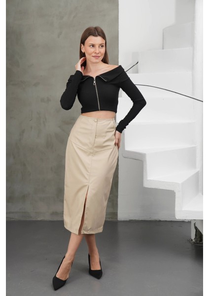 Yırtmaçlı Uzun Deri Etek Bej modelleri