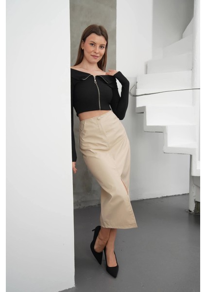 Yırtmaçlı Uzun Deri Etek Bej indirimleri