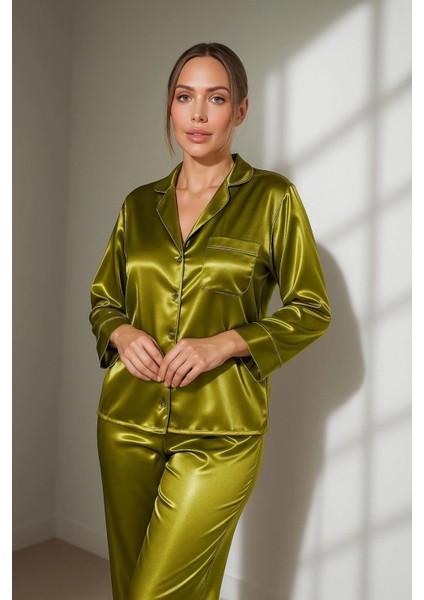 Olıve Saten Ikili Pijama Takımı