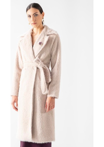 Ottobello Mono Yaka Kruvaze Kuşaklı Kaban Bej fiyatları