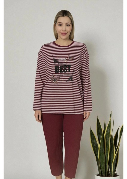 Baskılı Penye Bordo Pijama Takımı Best Model