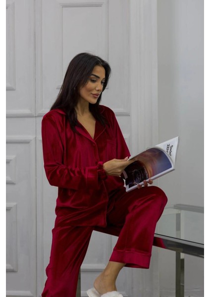 Bordo Gofrajlı Kalp Nakışlı Uzun Kadife Pijama Takımı modelleri