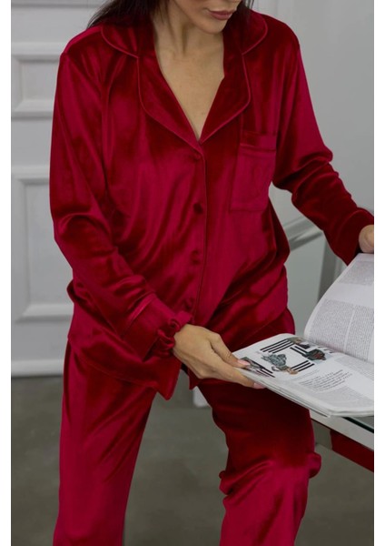 Bordo Gofrajlı Kalp Nakışlı Uzun Kadife Pijama Takımı fırsatları