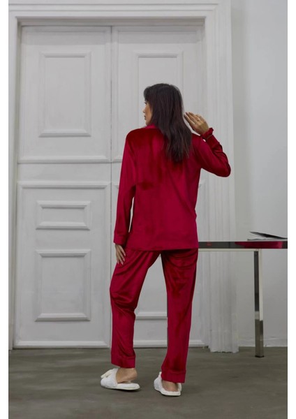 Bordo Gofrajlı Kalp Nakışlı Uzun Kadife Pijama Takımı indirimleri