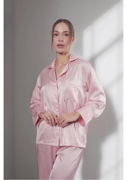 Pudra Saten Ikili Pijama Takımı