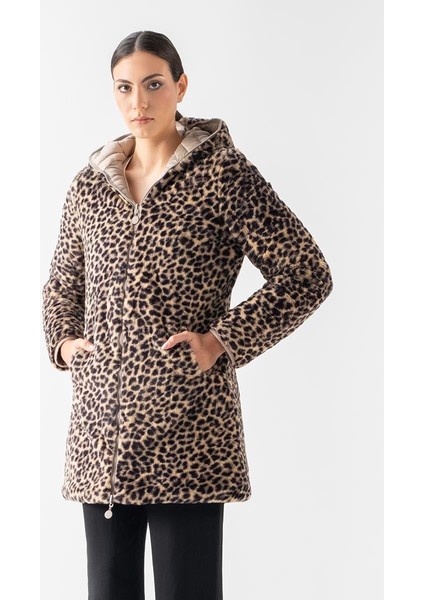Sorrentino Çift Taraflı Kapitoneli Leopar Peluş Kapüşonlu Kaban VİZON fiyatları