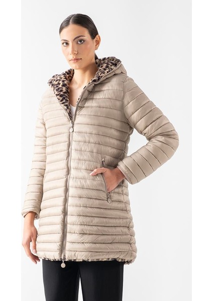 Sorrentino Çift Taraflı Kapitoneli Leopar Peluş Kapüşonlu Kaban VİZON modelleri