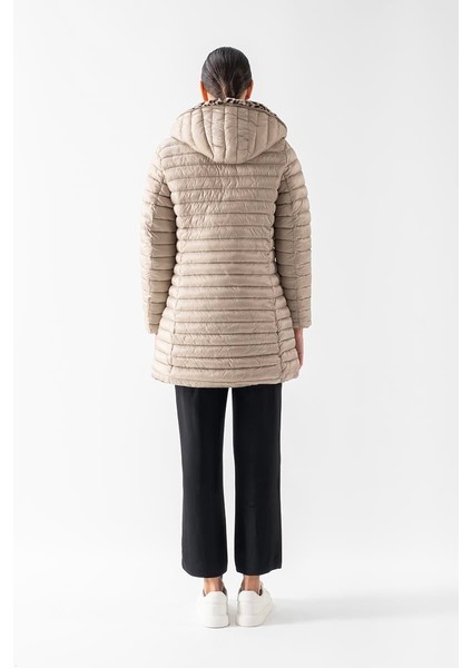 Sorrentino Çift Taraflı Kapitoneli Leopar Peluş Kapüşonlu Kaban VİZON fırsatları