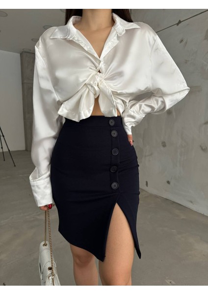 Kadın Yandan Yırtmaçlı Düğme Detaylı Krep Kumaş Likralı Etek fiyatları