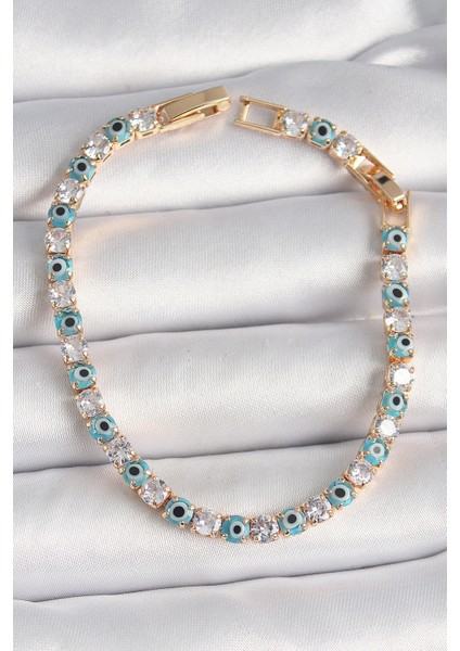 Bfs Pirinç Gold Renk Su Yolu Zirkon Taşlı Nazar Boncuklu Kadın Bileklik