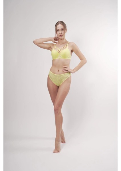 Destekli Dantelli Göğüs Arası Ipli Sütyenli Brazilian Neon Sarı Takım