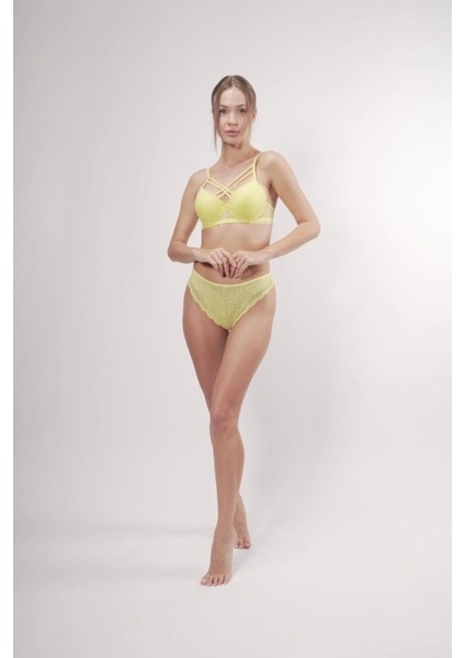 Destekli Dantelli Göğüs Arası Ipli Sütyenli Brazilian Neon Sarı Takım fiyatları