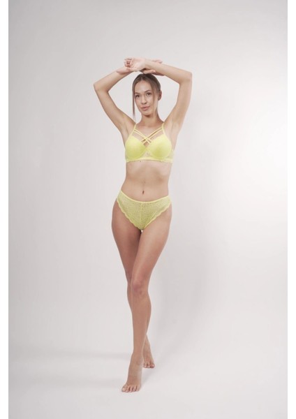 Destekli Dantelli Göğüs Arası Ipli Sütyenli Brazilian Neon Sarı Takım modelleri