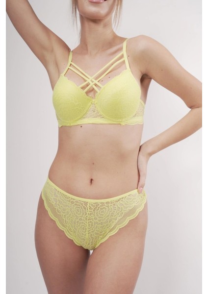 Destekli Dantelli Göğüs Arası Ipli Sütyenli Brazilian Neon Sarı Takım fırsatları