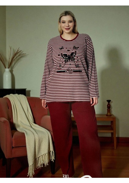 Çizgili Penye Pijama Takımı Kelebek Model