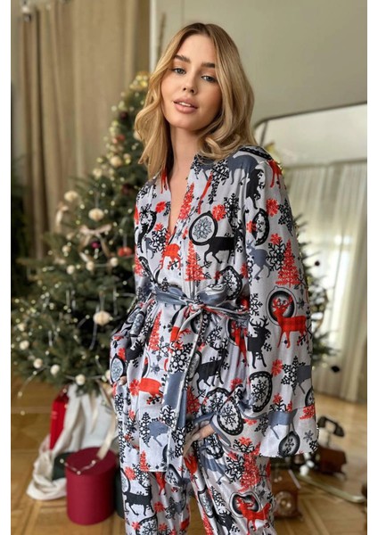 Açık Gri Zemin Kırmızı Siyah Geyikler Kadife Ikili Takım fiyatları