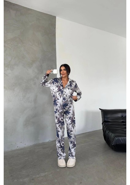 Çiçek Desen Dijital Baskılı Uzun Saten Pijama