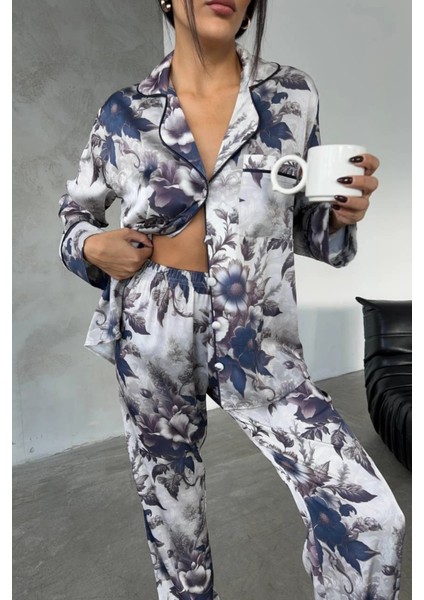Çiçek Desen Dijital Baskılı Uzun Saten Pijama fiyatları