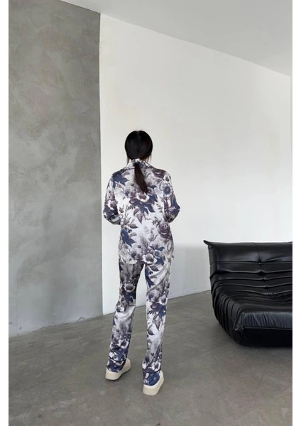 Çiçek Desen Dijital Baskılı Uzun Saten Pijama modelleri