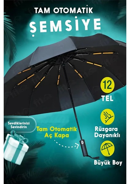 Tam Otomatik Fiber Tel Şemsiye, Rüzgar Güçlü, 12 Tel, Siyah Renk