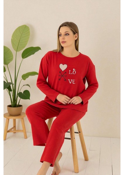 Uzun Kollu Polar Pijama Takımı Kırmızı Love Baskılı