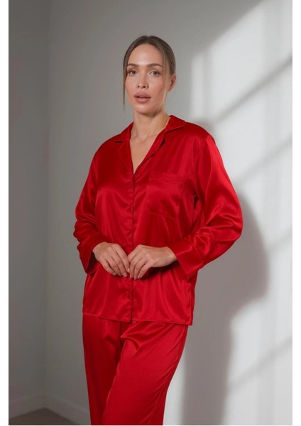 Kırmızı Saten Ikili Pijama Takımı
