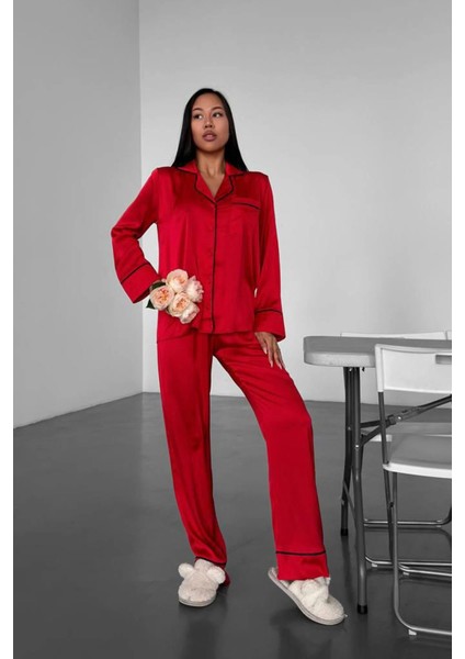 Love Kırmızı Düz Uzun Saten Pijama