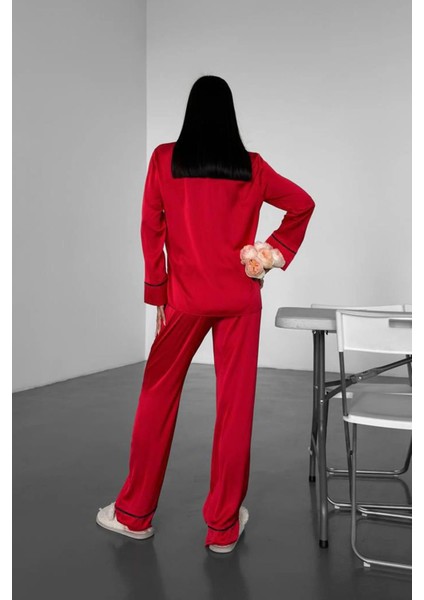 Love Kırmızı Düz Uzun Saten Pijama fiyatları