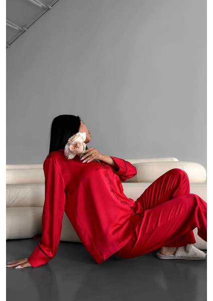 Love Kırmızı Düz Uzun Saten Pijama modelleri