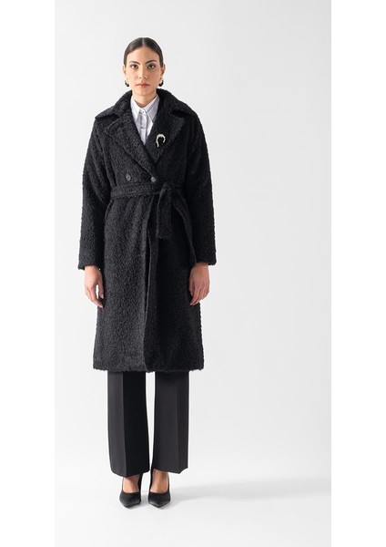 Ottobello Mono Yaka Kruvaze Kuşaklı Kaban Siyah