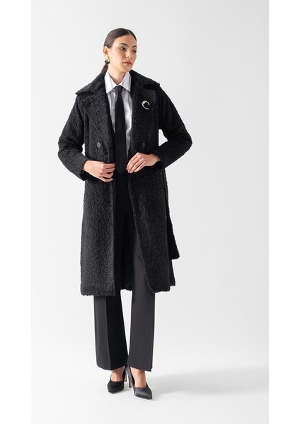 Ottobello Mono Yaka Kruvaze Kuşaklı Kaban Siyah