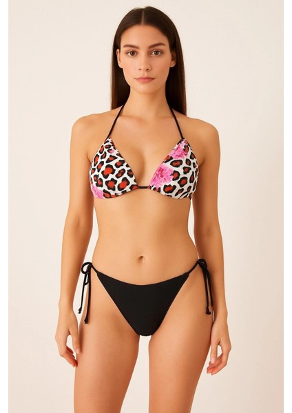 Pembe Leopar Desen Detaylı Üçgen Bikini