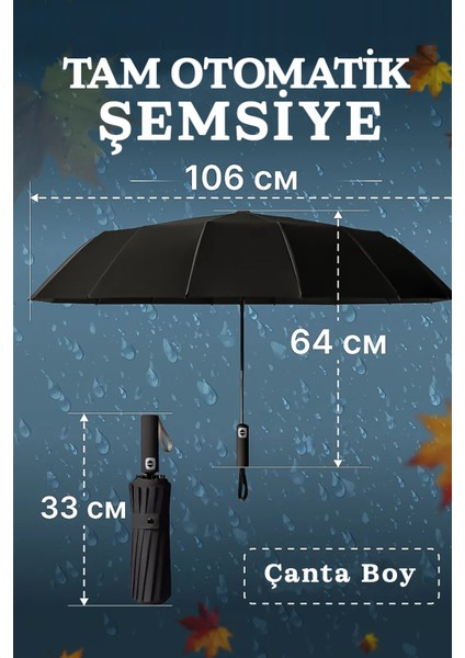Tam Otomatik Fiber Tel Şemsiye, Rüzgar Güçlü, 12 Tel, Siyah Renk