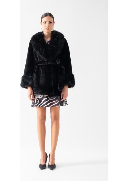 Diotisalvi Şal Yaka Kol Kürklü Peluş Kaban Siyah