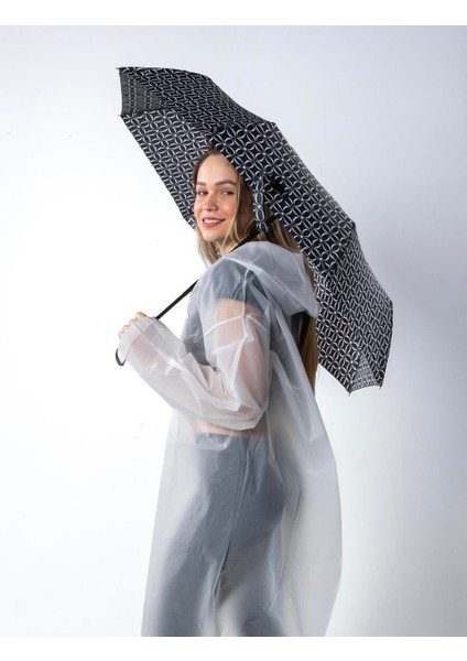 Şık Geometrik Desenli Tam Otomatik Siyah Kadın Şemsiye