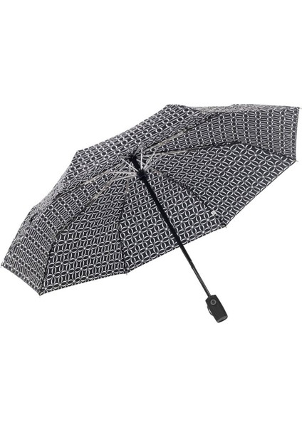 Şık Geometrik Desenli Tam Otomatik Siyah Kadın Şemsiye