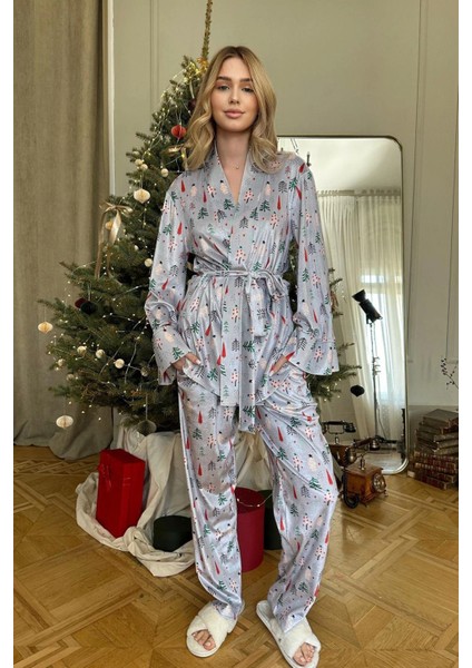 Açık Gri Zemin Çam Ağaçları Kadife Ikili Takım