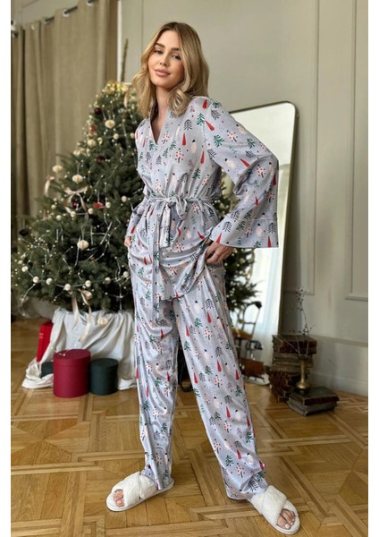 Açık Gri Zemin Çam Ağaçları Kadife Ikili Takım fiyatları