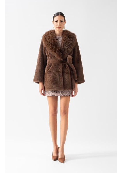 Fioravanti Şal Yaka Peluş Kuşaklı Kaban Kahve