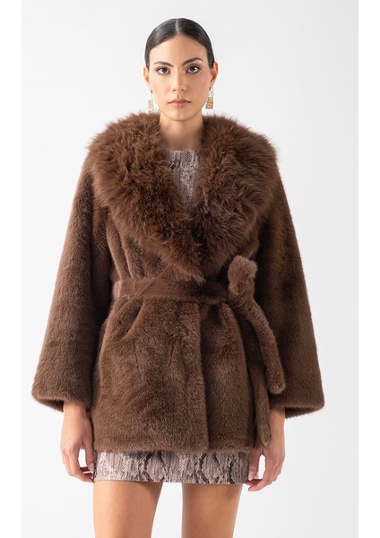 Fioravanti Şal Yaka Peluş Kuşaklı Kaban Kahve modelleri