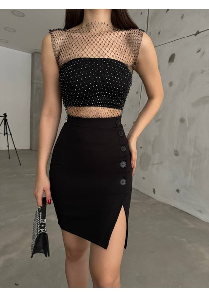 Kadın Yandan Yırtmaçlı Düğme Detaylı Krep Kumaş Likralı Etek indirimleri