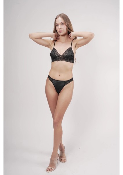 Saten Dantel Detaylı Sütyen Siyah String Takım