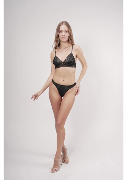 Saten Dantel Detaylı Sütyen Siyah String Takım fiyatları