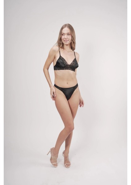 Saten Dantel Detaylı Sütyen Siyah String Takım modelleri