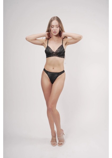 Saten Dantel Detaylı Sütyen Siyah String Takım fırsatları