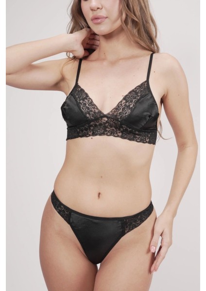 Saten Dantel Detaylı Sütyen Siyah String Takım indirimleri